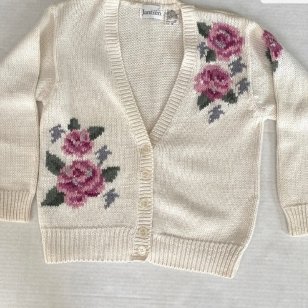 Jantzen Cream Cardigan with Pink Floral Design